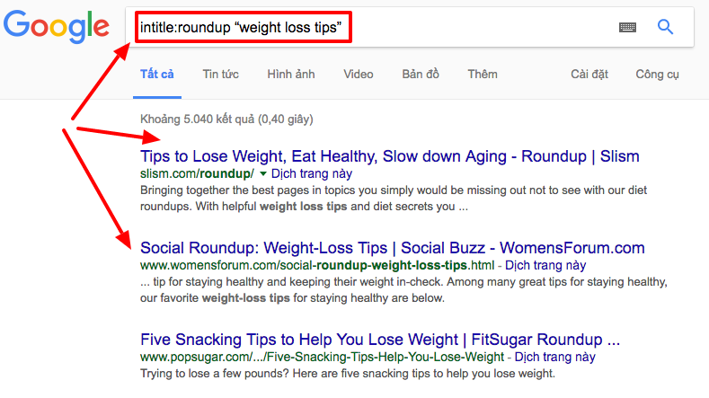 Làm thế nào để sử dụng Toán tử Tìm kiếm Link Building một cách khả quan intitle-roundup-“weight-loss-tips”-Tìm-với-Google
