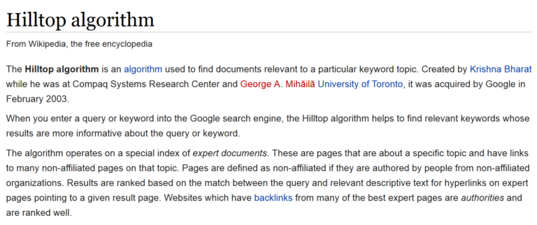 Top 21 Kỹ thuật SEO Chưa bao giờ lỗi thời hilltop-algorithm-entry-in-wikipedia-768x323