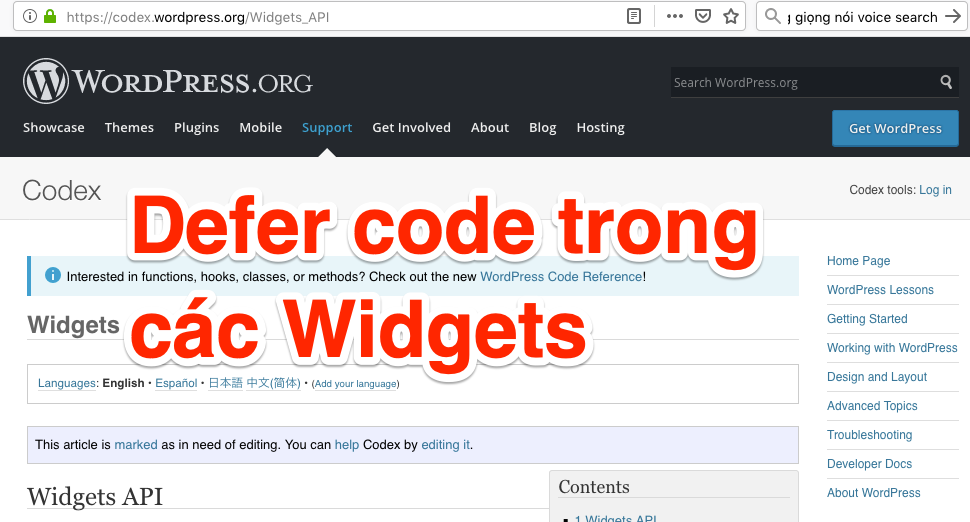 Defer code trong các tiện ích (widgets) - Tốc độ tải trang (Page Speed) Widgets_API_WordPress_Codex