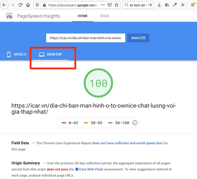 Điểm số Google Lighthouse và Bằng chứng thực tế PageSpeed_Insights_icar2